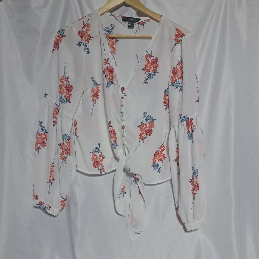 Primark Womens Size 8 White Floral Chiffon Long‎ Sleeve Blouse Tie Front Flawed